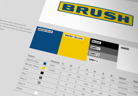 Brand guidelines document showing logo usage, colour palette and typography for a client brand