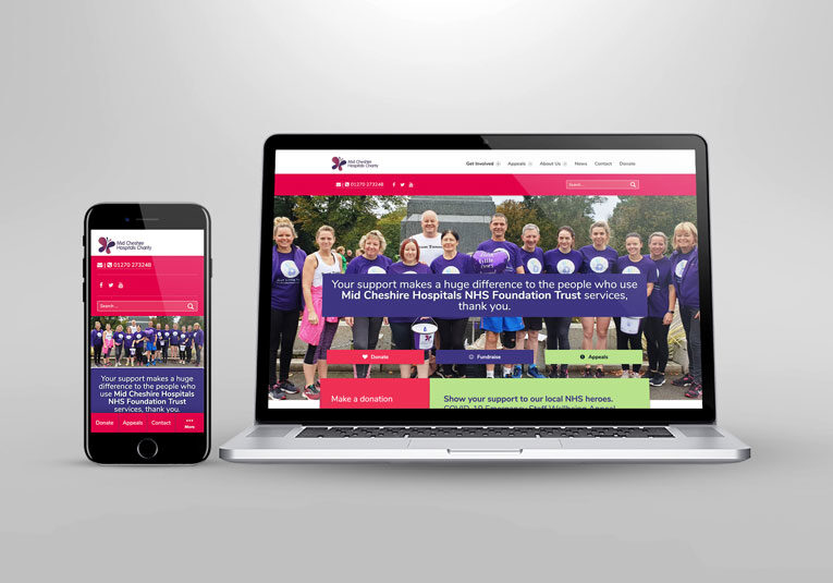 Mid Cheshire Hospitals Charity website design shown on screen, developed by Red Fred Creative